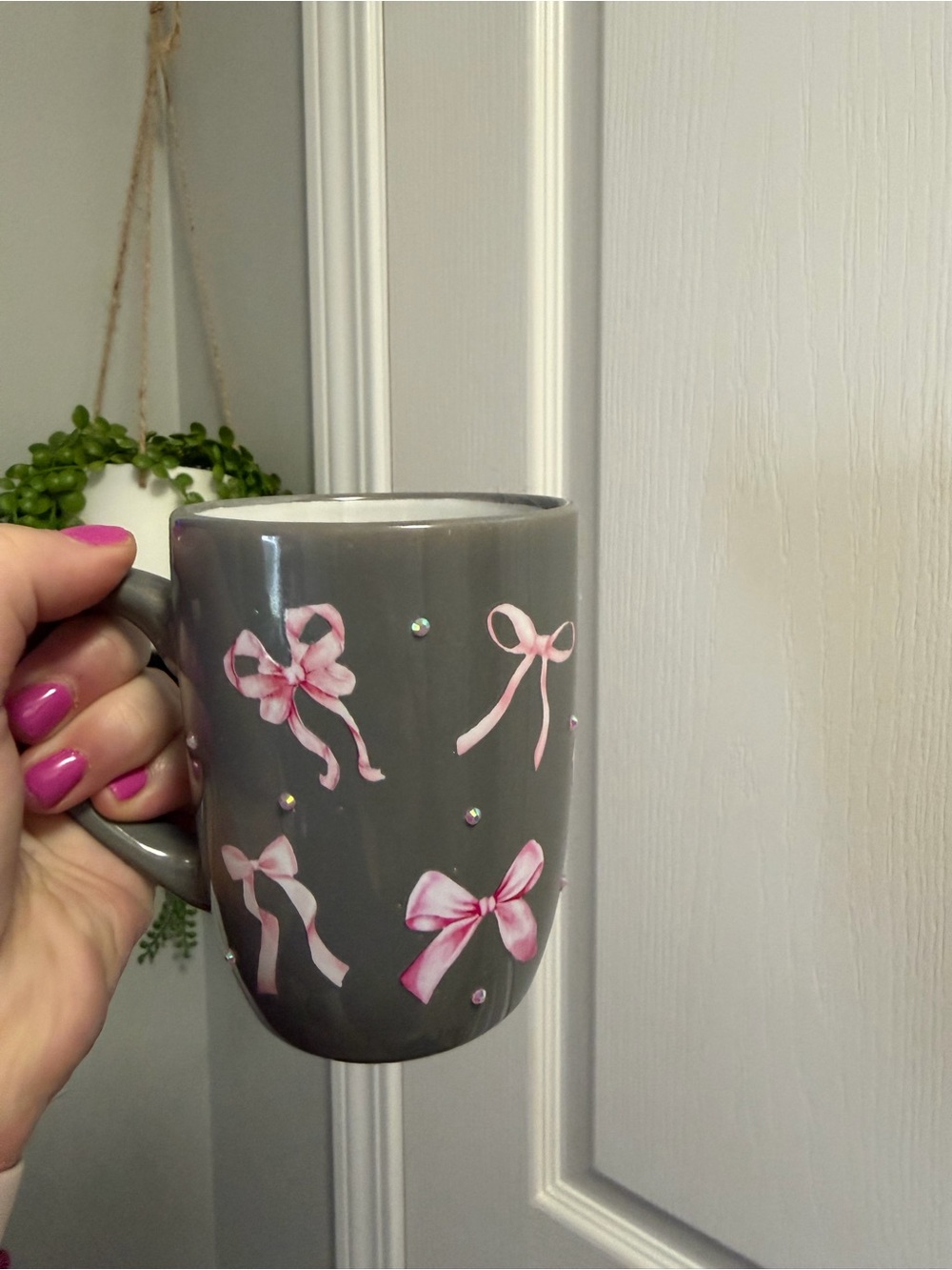 Gray Mug with Pink Bows and rhinestones- Home Dining